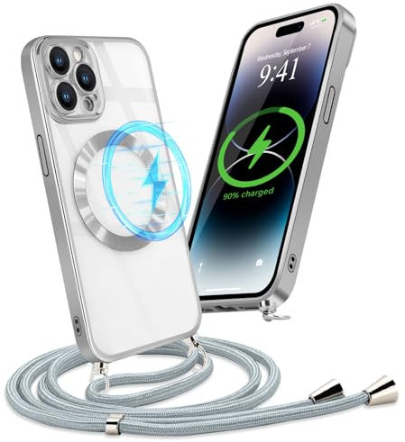 Micoden Handykette Hülle für iPhone 14 Pro mit Band Kompatibel mit MagSafe Kabellosem Laden Kameraschutz Vollständiger Transparent Silikon Case Kordel zum Umhängen Handyhülle Schutzhülle,Silber