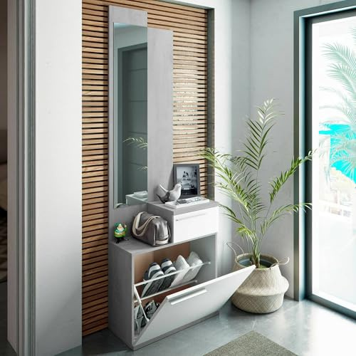 Dmora - Flurmöbel Waltham, Multifunktions-Schuhregal mit Spiegel, Kleiderschrank mit 1 Tür und 1 Schublade, 61x28h185 cm, Zement und glänzendes Weiß