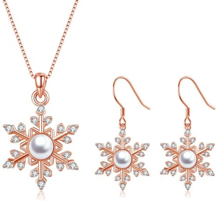 Deyanse Weihnachten Schmuck Set für Damen, 925 Sterling Silber Schneeflocke Schmuckset mit Weiß Perle Zirkonia, Rosegold Halskette & Haken Ohrringe, Hypoallergen 45+5cm Anhänger Silberkette Ohrringe