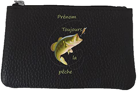 Syl'la Toujours la Peche Petit Porte Monnaie en Cuir Porte cles Noir personnalise avec prenom