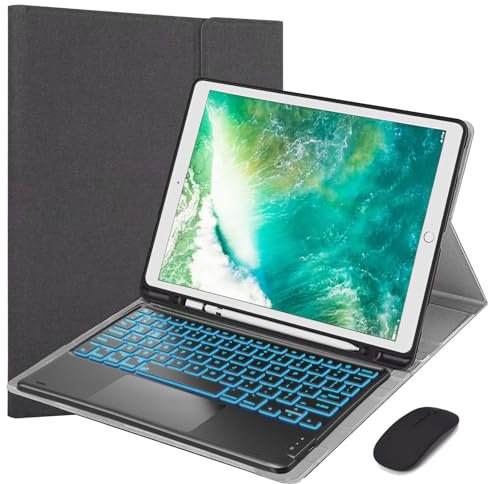 VLEAQC Custodia con Tastiera per iPad PRO 12,9 Pollici 2017/2015 (2a e 1a Generazione), Tastiera e Mouse Bluetooth Retroilluminati a 7 Colori, Trackpad Multi-Touch, Copertura Sottile e Leggera,Nero