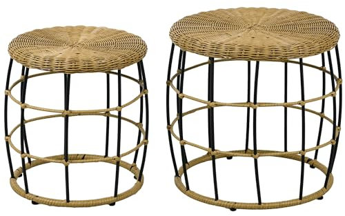 Outsunny Rattan Beistelltisch 2er-Set, Couchtisch, Stapelbarer Sofatisch, Handgeflochtener Kaffeetisch für Garten, Balkon, Stahl, Khaki