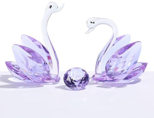 Set of 2 Purple Crystal Swans Collectible 15th Wedding Anniversary Romantic Gifts for Couples Women, 15 Years of Love Marriage Glass Swans Ornaments Keepsake Presents for Friends Wife