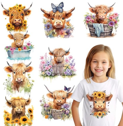 Kaciola 9 Blatt Highland Cow Bügelbilder, niedliche Kuh DTF Transfers fertig zum Drücken, Aufbügeln für T-Shirts, Hoodie, DIY Handwerk