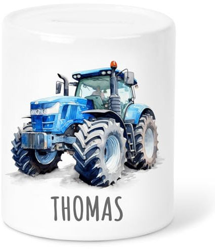 Spardose Traktor für Kinder Jungen personalisiert mit Namen Geschenk Kindersparkasse Sparschwein Geldgeschenk Verpackung Sparbox aus Keramik (Blau)