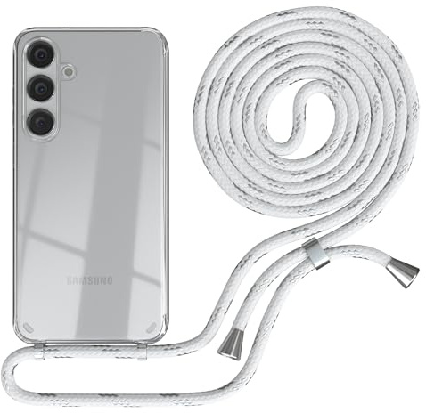 EAZY CASE - Handykette kompatibel mit Samsung Galaxy S24 Plus Kette zum Umhängen für Galaxy S24 Plus Hülle mit Band aus Silikon stoßfeste transparente Handyhülle als Fallschutz in Weiß/Silber