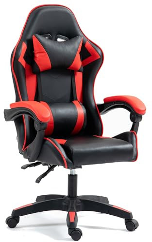 Home Treats Gaming Chair RED Recliner with Adjustable Height, Lumbar Support Padded Cushion, Racing Bucket Seat With Headrest Ergonomic Office Chair Perfect For Home Office, Computer Chair (Red)