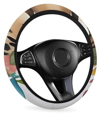Leopard und Blumen Auto Lenkradbezug 15 Zoll Elastische Stretch Lenkradabdeckung Rutschfest Lenkradschutz Universal Autozubehör für Auto LKW SUV