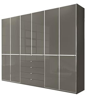 WIEMANN Drehtürenschrank mit 5 Schubkästen hochwertiger Kleiderschrank Schlafzimmerschrank 300cm breit, mit Schubladen, Glas Havanna, Höhe 236cm, Shanghai