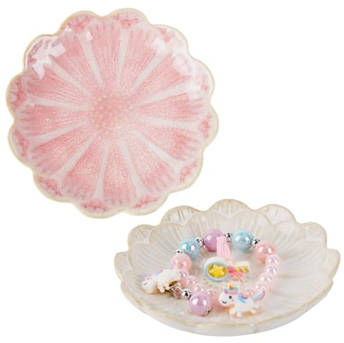 2 Stück Schmuckschale Keramik, Blumen Schmucktabletts, Dish Schmuckstück, Porzellan Schmuckteller Set, Deko Tablett Keramik Flur, Jewelry Tray für Ringe Ohrringe Halsketten Lippenstifte( Rosa/Weiß)
