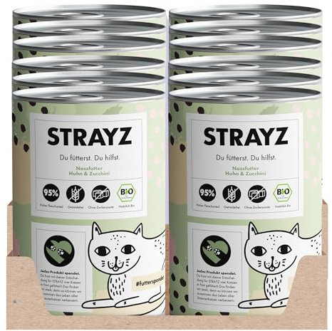 STRAYZ - Bio Katzenfutter nass - Huhn & Zucchini: Hoher Fleischanteil ohne Getreide und Zucker (12x400g)