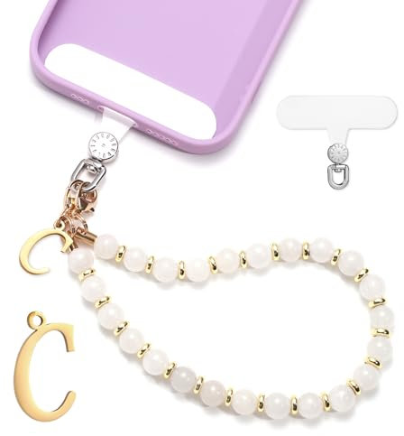 1 Jeu Bracelet de Téléphone Perles, Charme de Téléphone Initiales Dragonne de Téléphone avec Patch pour Lanière de Téléphone Mains Libres Bracelet de Téléphone pour Femmes Filles (Lettre C)