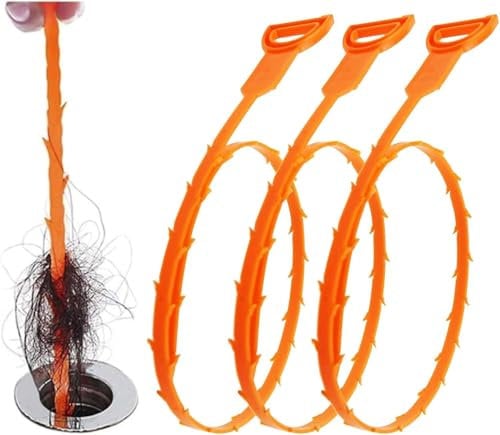 Clog Remover Tool 64cm Length Drain Cleaner Sticks for Sink, Pipe and Tub - Plumbing unclogger Tool for Clogged Drains in Shower, Hair Catcher for Bathroom, Kitchen, Bathtub (Orange *3)
