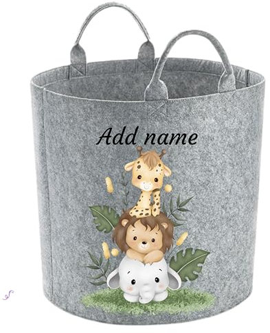 Personalised Safari animal Toy Storage Basket |Tub |Trug | Toy Box | Kids Toy Organisation Large 50L (Grey)