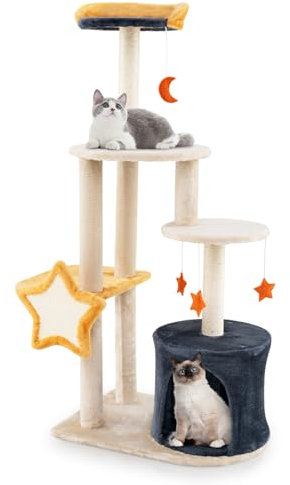 COSTWAY Árbol para Gatos de 128 cm, Torre para Gatos con Postes Rascadores de Sisal, Condominio, Plataforma de Felpa, Juguetes Colgantes, Árbol Rascador para Gatos, Beige y Gris Oscuro y Naranja