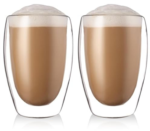 GOEDCH Latte Macchiato Bicchieri a doppia parete: 2 bicchieri da caffè a doppia parete da 450 ml, in vetro borosilicato, tazze da caffè isolate, cappuccino, latte, tè, latte