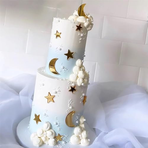 32 Pcs Moon Star Cake Toppers Acrylic Cake Decorations,Twinkle Twinkle Little Star and Moon Cake Charms Mirror Gold for Over the Moon Baby Shower Wedding Birthday Party