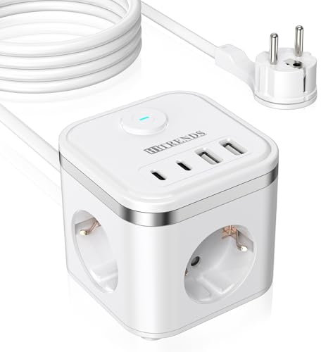7 in 1 Steckdosenwürfel mit Kabel 2m, 2 USB-A und 2 USB-C, Steckdosenleiste Würfel 3 Fach mit Schalter, Flachstecker mit Zugring für Zuhause/Büro/Reisen, Weiß
