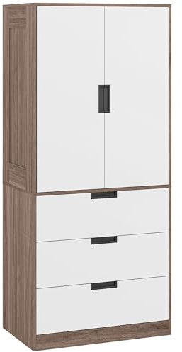 HOMCOM 3 Drawer 2 Door Wardrobe, Modern Clothes Storage Cupboard Unit with Hanging Rod, Bedroom Wardrobe with Soft Closing Hinge, 50D x 80W x 180Hcm, Brown