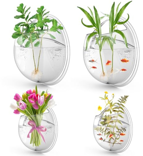 DoubleFill 4 Stück Hängende Wand-Fischschalen Acryl Fisch Aquarien Fisch Blase Ecosphere Dekor Wand Fisch Blase Wandbehang Fischschale klare Acrylvase Blumentopf Aquarium (22,9 cm, 15 cm)