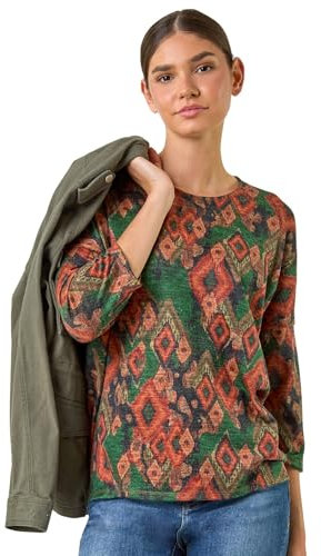 Roman Originals Top for Women UK - Ladies Drop Shoulder Blouse Batwing Tunic Stretchy Everyday Autumn Winter Round Neckline Comfy Soft Evening Vacation Work Party Night Out - Green - Size 14