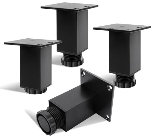 KINDPMA Lot de 4 8cm Pieds de Meuble Réglables Hauteur Carrés Pieds de Table en Alliage d'Aluminium Pied Canapé avec Vis pour Table, Meuble TV, Chaise Armoires, Lit,Noir
