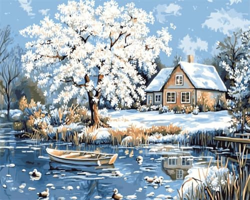 Taxpy DIY Malen Nach Zahlen Pinsel Set（Kein Rahmen） Ländliche Winterlandschaft Malen-Nach-Zahlen-Set,Malen Nach Zahlen,Dekorative Gemälde Für Erwachsene Und Kinder 40x50cm
