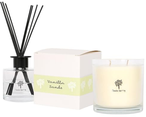 Nicola Spring Soy Wax Scented Candle & Reed Diffuser Set – Vanilla Sands Fragrance – 400g Candle 45 Hour Burn & 200ml Diffuser 60 Day Scent – Luxury Eco-Friendly Home Fragrance Gift Set