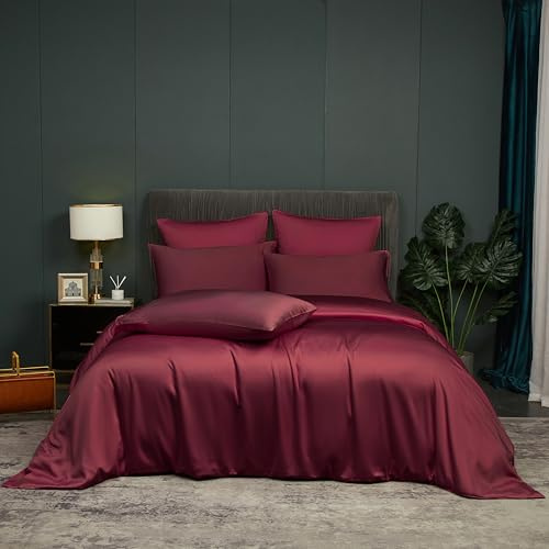 DXHOME Bambus Bettwäsche Weinrot 200x220cm Sommerbettwäsche Bambusfaser Rot Uni Bettbezug-Set Atmungsaktiv und kühl Deckenbezug Weiche Bettbezug mit Reißverschluss und 2 Kissenbezüge 80x80cm