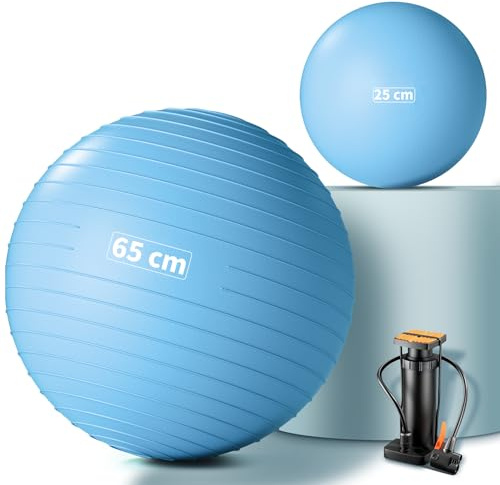 Lureon Gymnastikball 55/65/75 cm + Pilatesball 25 cm – Verdickt Yogaball, Anti-Burst & Anti-Rutsch, Pezziball für Schwangerschaft, Sitzball für Zuhause, Büro, Fitness, Yoga (Blau, 65 + 25 cm)