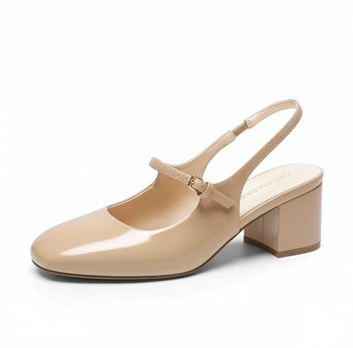 DREAM PAIRS Women's Mary Jane Low Chunky Heels Slingback Closed Square Toe Dress Shoes Wedding Party Work Office Pumps Shoes,Size 5,Nude,SDPU26005W
