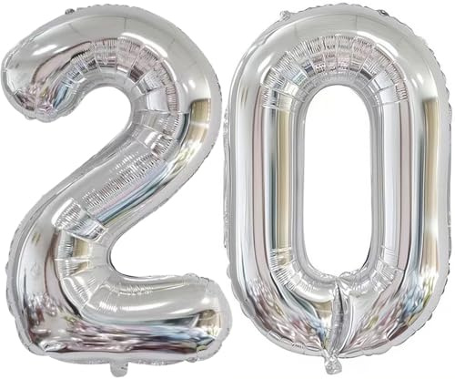 Luftballon Zahl 20 Silber, Helium Folienballon 20 Geburtstag Ballon Number für 20 Geburtstagsdeko 40 Zoll, 100CM Silber Zahlenballon 20
