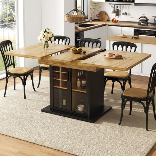 vutizal Ausziehbarer Esstisch mit Weinregal und Brauner Glastür (110-140x80 cm) – Klappbarer Küchentisch für 4-6 Personen, Multifunktionstisch als Kücheninsel und Sideboard mit Stauraum