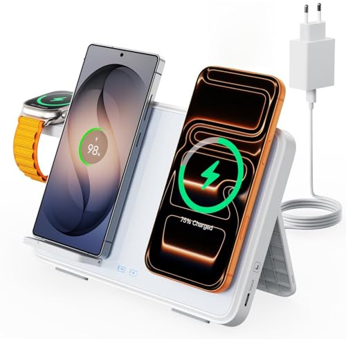 Dual Induktive Ladestation mit Nachtlicht für MagSafe – Faltbarer 4-in-1 Wireless Dock für iPhone, Samsung Galaxy, Apple Watch & AirPods, Reise- & schreibfreundlich, inkl. 30W PD Adapter