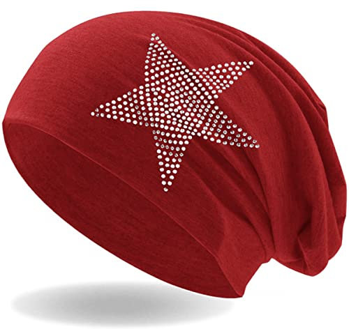 Hatstar Strass Stern Damen Beanie Mütze | elastisches Slouch Long Beanie | Mädchen Mütze | mit edler Strass Applikation | leicht und weich (rot)