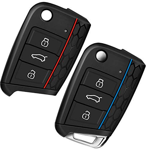 Autoschlüssel Hülle Schlüssel Hülle Kompatibel für VW Golf 7 Schlüsselhülle Cover Yosemy 3 Tasten Auto Schlüssel Silikon Cover 2 Stück Rot + Blau