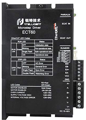 Rtelligent EtherCAT Schrittmotortreiber ECT60, geschlossener Regelkreis, 6 A, Spannung 24-80 V DC Nema 23, 24 COE Protokoll Hochgeschwindigkeits Hochleistungs Schrittmotor Controller für CNC-Maschinen