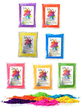 h2i Holi Pulver | 7 Farben x 100 g | 700 g buntes Farbpulver | Holi Color Powder - 7 Farbbeutel mit leuchtenden Farben zum Werfen | für Festivals Fotoshooting Baby-Shower Party-Foto Fun & Action