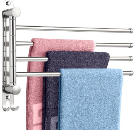 ERWEY Handtuchhalter Edelstahl 180° Drehung Handtuchhalter Wand Handtuchstange mit 4 Armen Badetuchhalter Geschirrtuchhalter mit Haken für Badezimmer Küche Silber