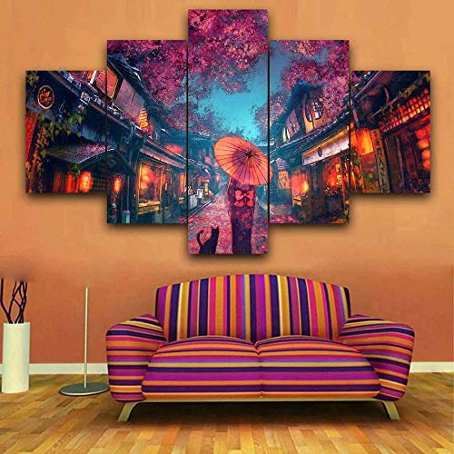 45Tdfc Moderne GemäLde 5 StüCk Japanische Anime Street Red Tree Street Kreatives Geschenk Abstrakt Poster Wohnzimmer Wohnkultur Hd Mit 150 * 80Cm