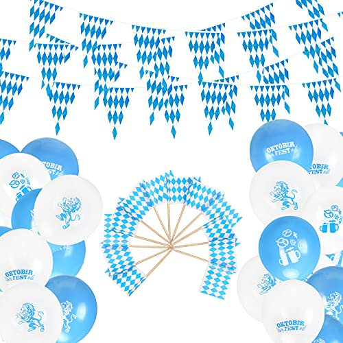 LAMEK 37Tlg Oktoberfest Deko Set Bayrische Wiesn Dekoration mit 24 Latexballon 10M Bayern Wimpelkette 12 Blau Weiße Cake Topper Oktoberfest Partysdeko für Bierzelten Bier Festival München
