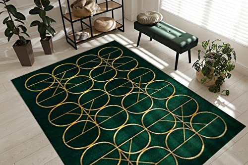 rugsx Exklusiv Emerald Teppich Glamour – Stilvoll, Kreise-Design Flaschengrün/Gold 200x290 cm Modern Teppich für Wohnzimmer