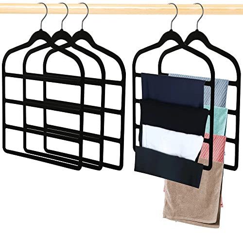 Sightday Trouser Hangers, Space Saving Non-Slip Pants Hanger, 3 Pack Multi Bar Velvet Clothes Hanger for Jeans, Scarf, Towel, Ties, Black