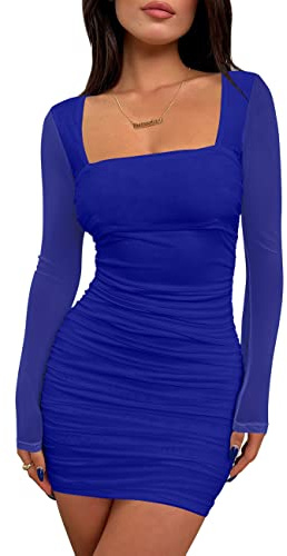 BORIFLORS Women's Sexy Ruched Bodycon Mini Dress Mesh Long Sleeve Club Party Short Dresses, Royal Blue, M