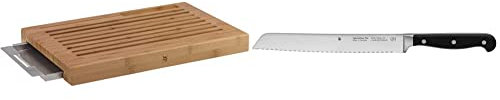 WMF Brot-Schneidebrett mit Krümmelschale & Spitzenklasse Plus Brotmesser Doppelwellenschliff 31,5 cm, Brötchenmesser, Made in Germany, Performance Cut, XL-Griff, Brotmesser Wellenschliff, Klinge 20 cm
