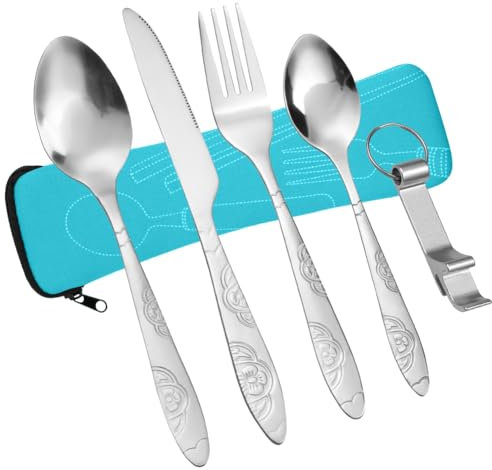 Vicloon Couverts en Acier Inoxydable, 5 pièces de Ensemble de Couverts, Ensemble de Couverts Transportables, Couverts en Acier Inoxydable avec Idéal pour Les Voyages et Le Camping (Fleur-Bleu)