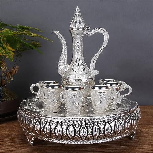 HJDSUDU Set Aus Türkischer Kaffeetasse Und Teekanne, Türkisches Kaffeekannen-Set Aus Metall Mit Teekanne, Teetablett, 6 Metalltassen, Teeservice-Set Zum Servieren Von Tee, Zamzam-Kaffee,Silber