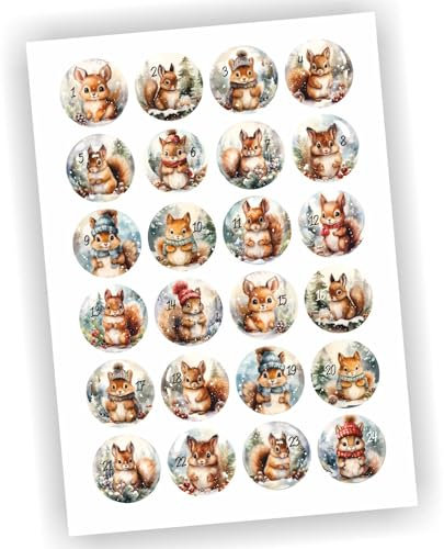 24 Aufkleber Adventskalender Zahlen Fest Weihnachten Aufkleber Sticker DIY Eis Schnee Eichhörnchen
