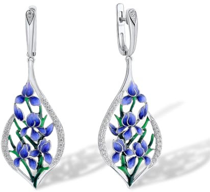 Santuzza 925 Sterling Silver Purple Orchid Earrings Cubic Zirconia Handmade Enamel Flower Dangle Earrings for Women