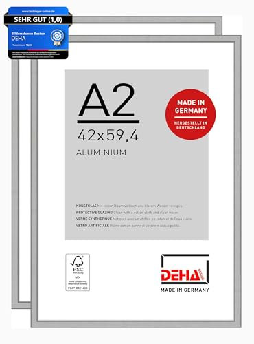 DEHA Design Bilderrahmen, 42 x 59,4 cm (A2) (2er Set), Aluminium, Silber matt, Posterrahmen zum Aufhängen im Hoch- & Querformat, bruchsicheres Kunstglas, Boston